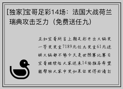 [独家]宝哥足彩14场：法国大战荷兰 瑞典攻击乏力（免费送任九）