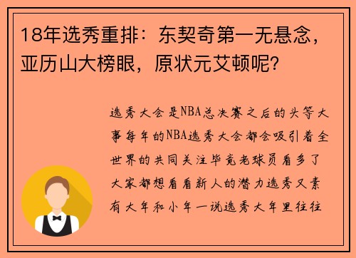 18年选秀重排：东契奇第一无悬念，亚历山大榜眼，原状元艾顿呢？